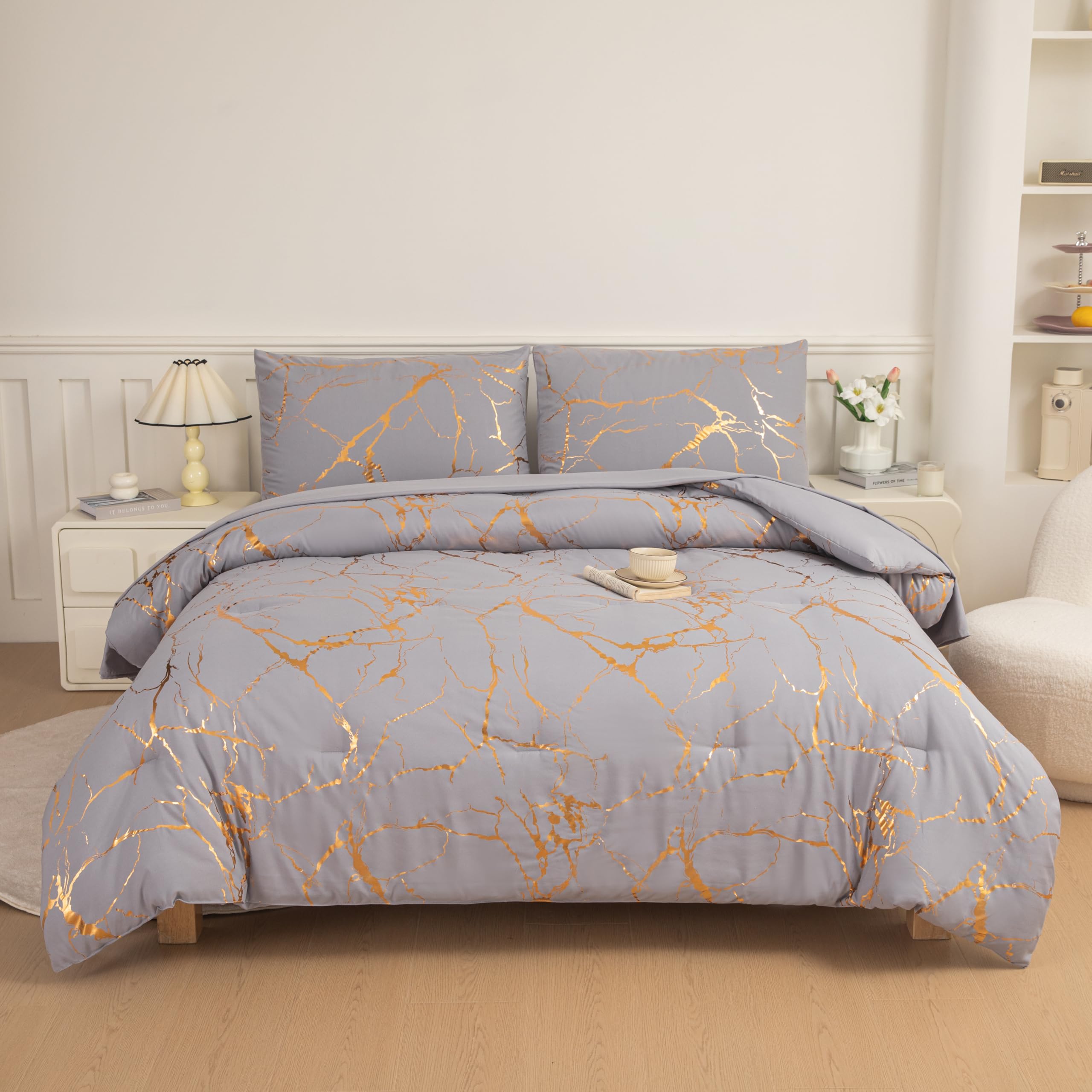 Yadangxiawa Grey Marble Comforter Set Queen,Grey Bedding Queen,Grey Comforter Set Queen,Grey Queen Bedroom Comforter Sets(Grey A